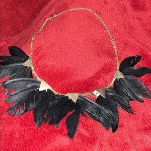 Luxury Gold tone  Black Feathers Statement Necklace